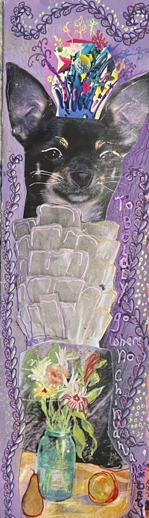 8x10 Mixed media collage sketchbook page with lavender background  using various bits and scraps of collage.  Chihuahuas,  embellishments with paint markers. 