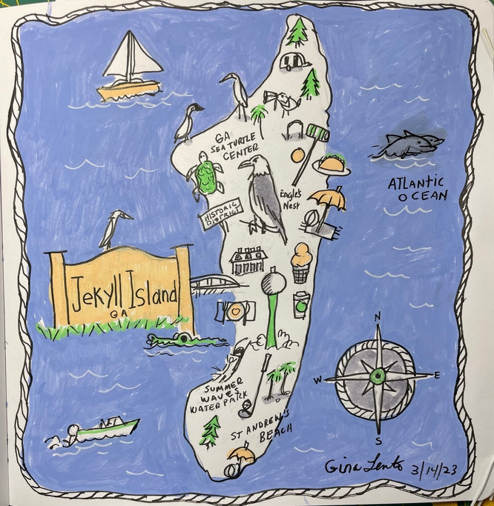 Illustrated map of Jekyll Island, GA using paint pens, pencil and ink.  Colors used are a light orange, a blue violet background and black ink.